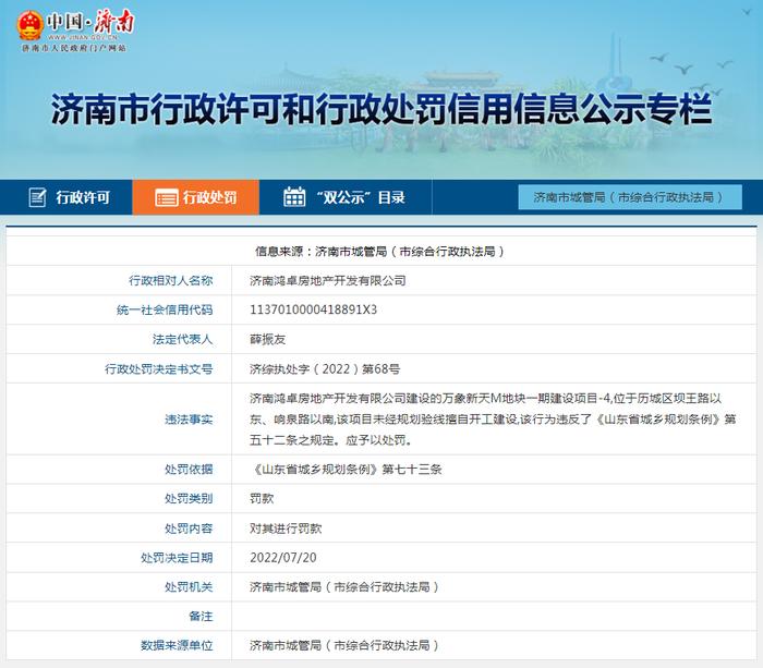 济南万象新天项目未取得规划验线确认书擅自开工建设 开发商同天连收4张罚单