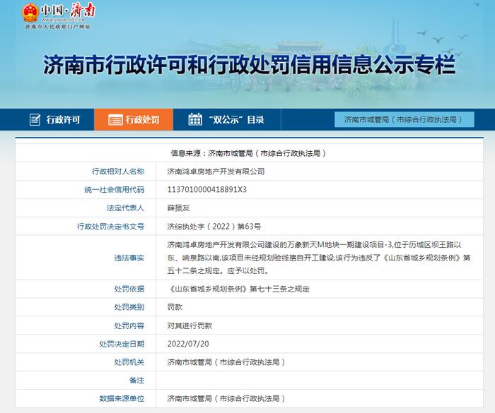 济南万象新天项目未取得规划验线确认书擅自开工建设 开发商同天连收4张罚单