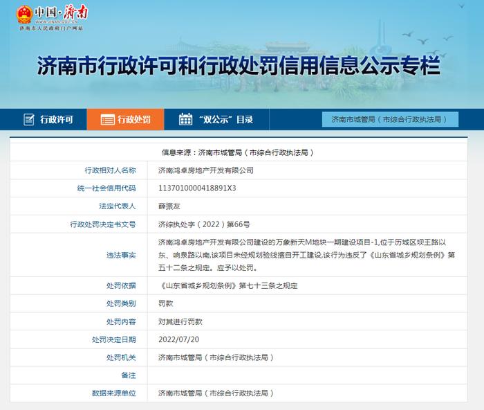 济南万象新天项目未取得规划验线确认书擅自开工建设 开发商同天连收4张罚单