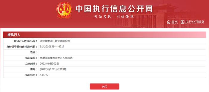 武汉绿地滨江置业有限公司新增3条被执行人信息  执行标的合计68万余元