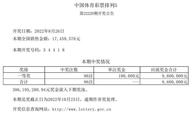 中国体育彩票8月26日开奖结果