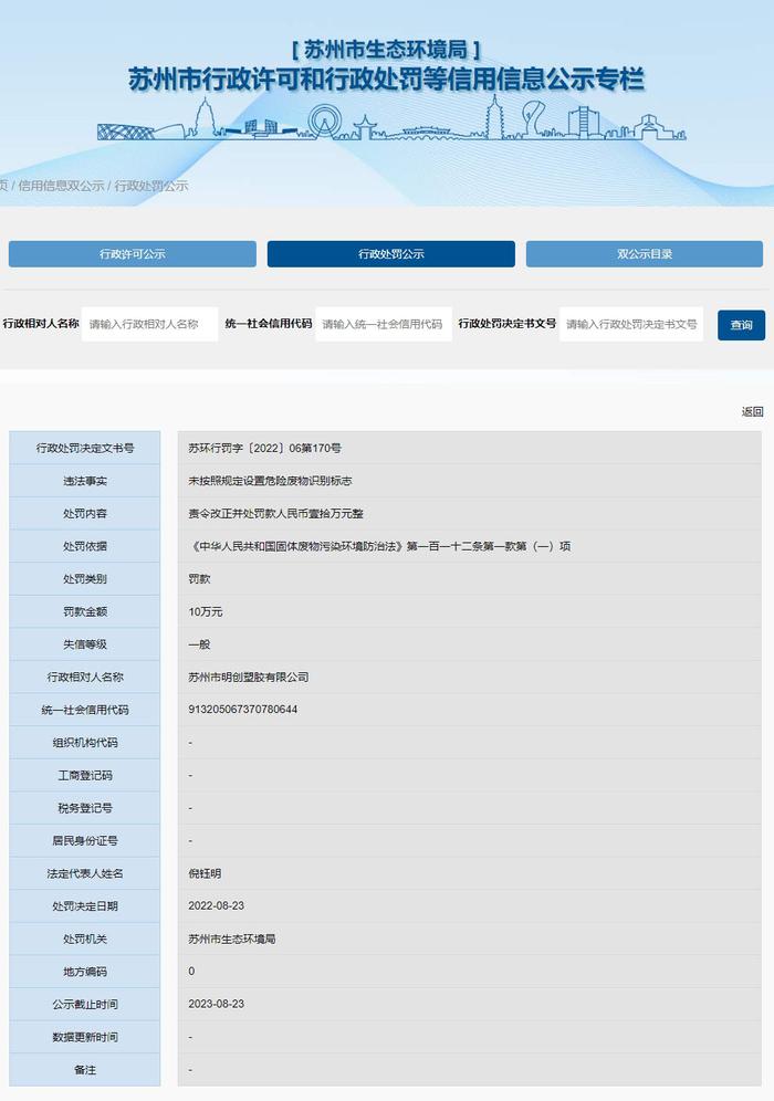 未按照规定设置危险废物识别标志 苏州市明创塑胶有限公司被罚