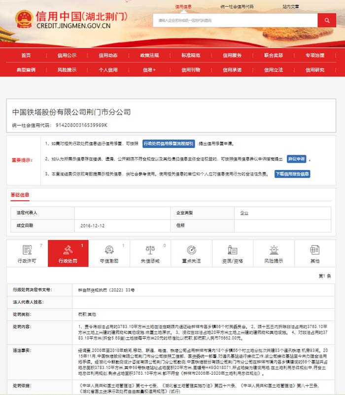 未办理合法用地手续 中国铁塔股份有限公司荆门市分公司被罚