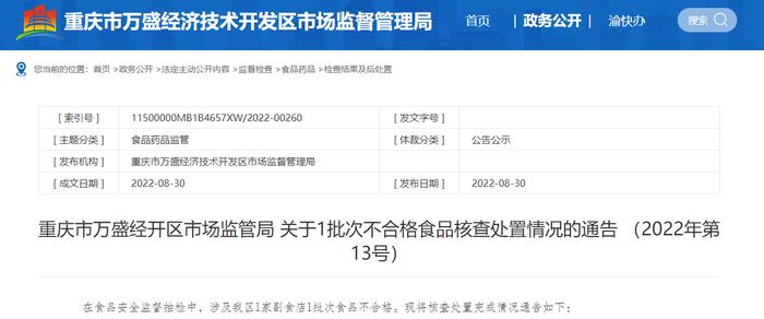 重庆市万盛经开区市场监管局通告1批次不合格板姜核查处置情况（2022年第13号）