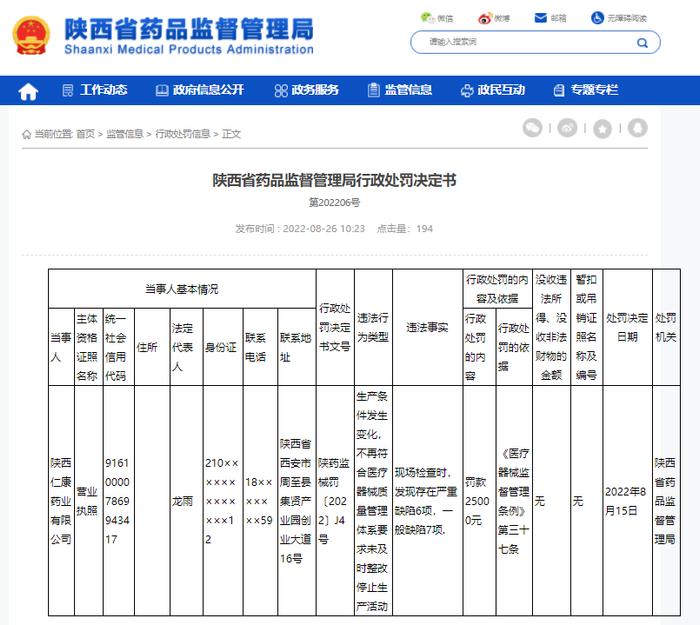 陕西仁康药业有限公司被陕西省药监局处罚款25000元