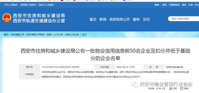 行业动态 | 西安市住房和城乡建设局公布一批物业信用信息前50名企业