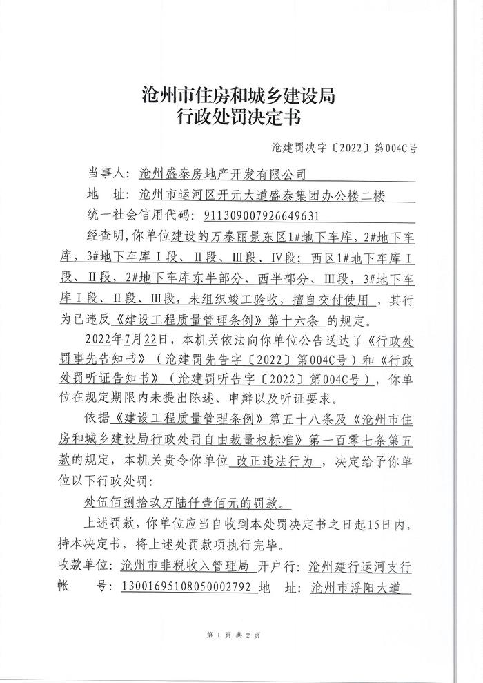 沧州盛泰房地产开发有限公司一天收4张罚单 多次违规合计罚款667.9500万元