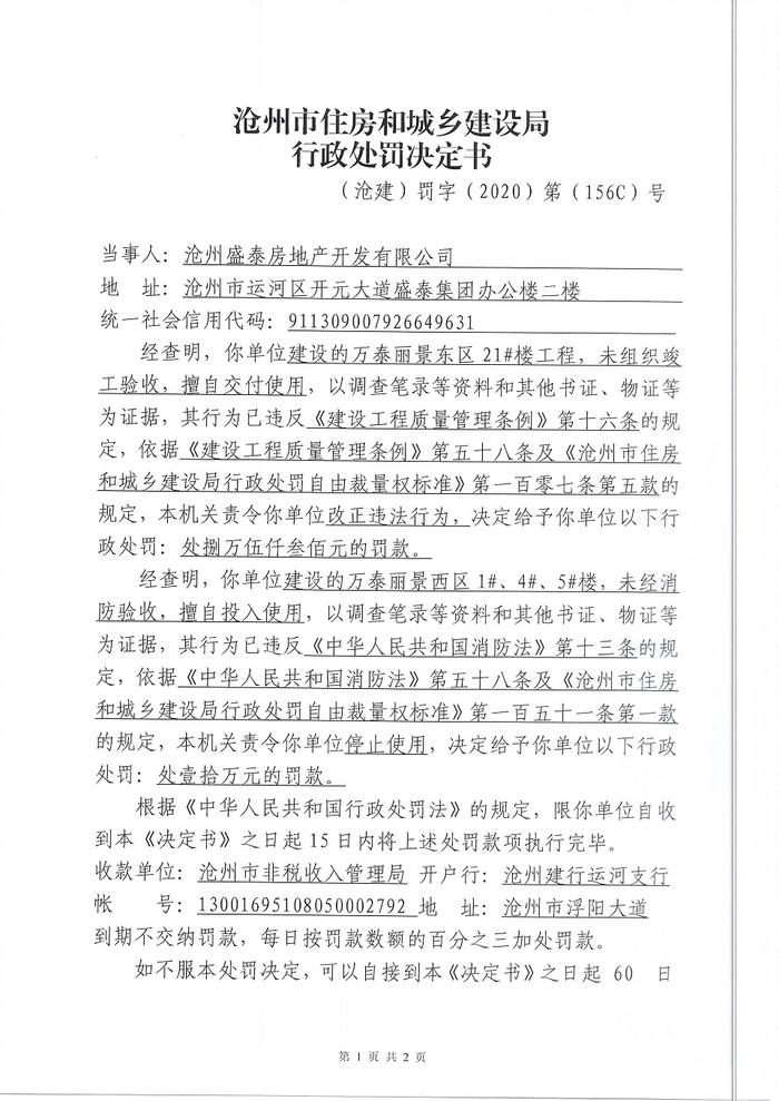 沧州盛泰房地产开发有限公司一天收4张罚单 多次违规合计罚款667.9500万元