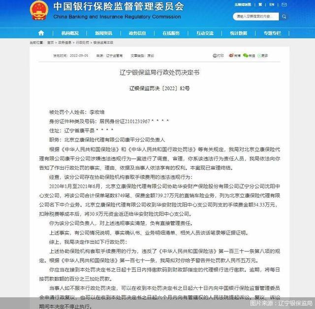 因协助保险机构套取手续费用，北京立康保险代理康平分公司拟被罚款合计18万元