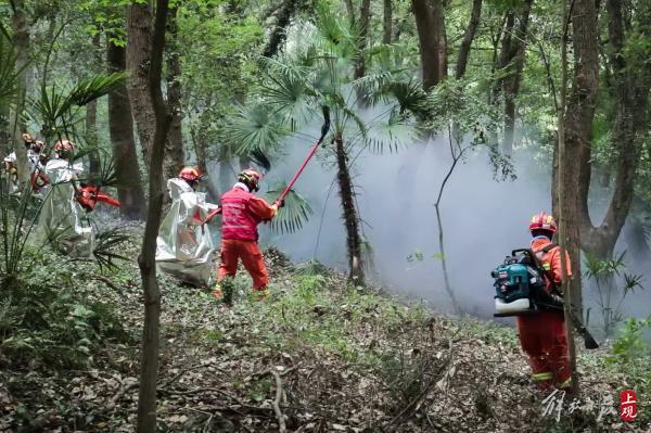 松江佘山“起火”，浓烟滚滚，消防出动了直升机和灭火机器人……