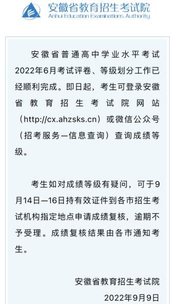 安徽省这项考试成绩等级可查询