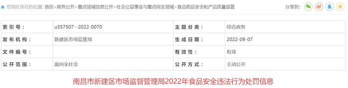 南昌市新建区市场监督管理局公开2022年食品安全违法行为处罚信息