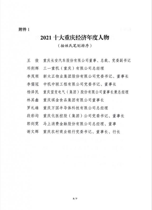 关于表彰2021“十大重庆经济年度人物、十大两江新区经济年度人物”评选活动获奖人和获奖案例的决定