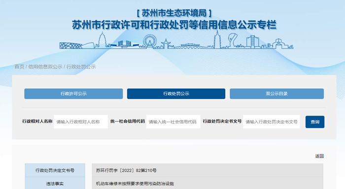 江苏省苏州市生态环境局关于张家港市顺馨汽车销售服务有限公司的行政处罚信息