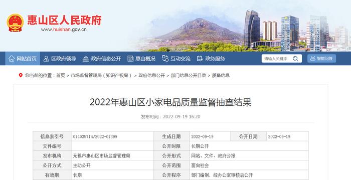 江苏省无锡市惠山区市场监管局抽查10个批次小家电产品合格率为70%