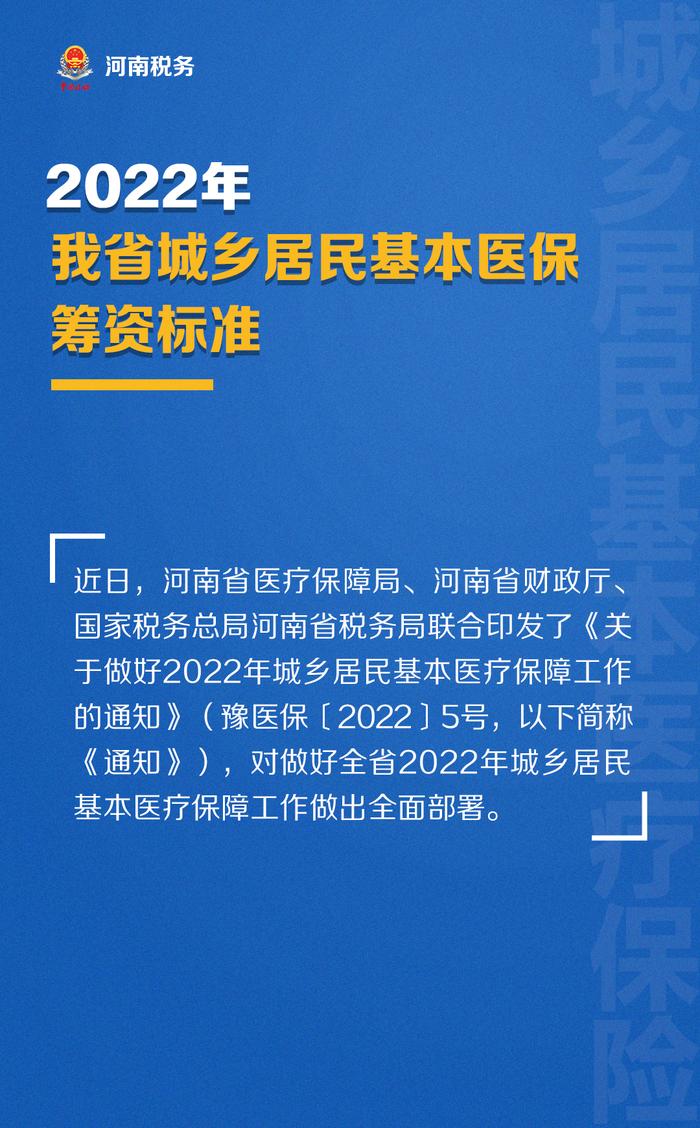 河南省2022年城乡居民医保筹资标准调整