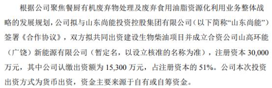 山高环能拟投资1.53亿成立合资公司山高环能（广饶）新能源有限公司 持股51%