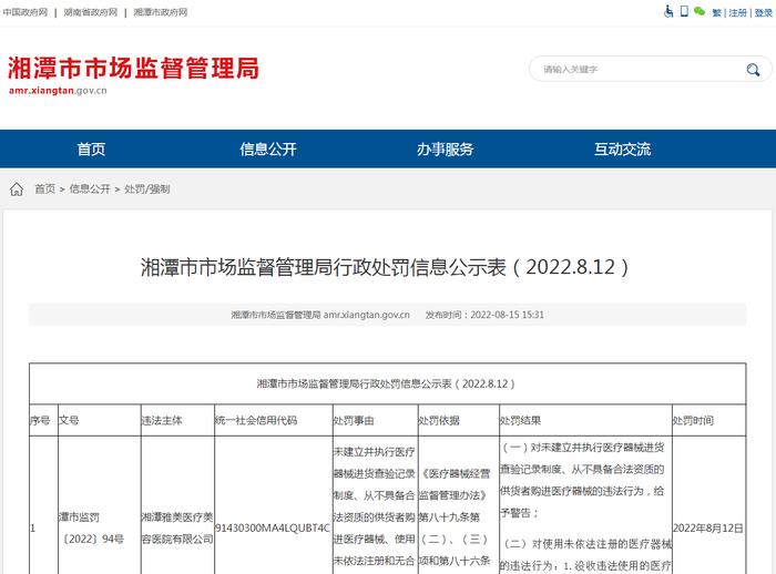使用未依法注册医疗器械 湘潭雅美医疗美容医院有限公司被罚3万