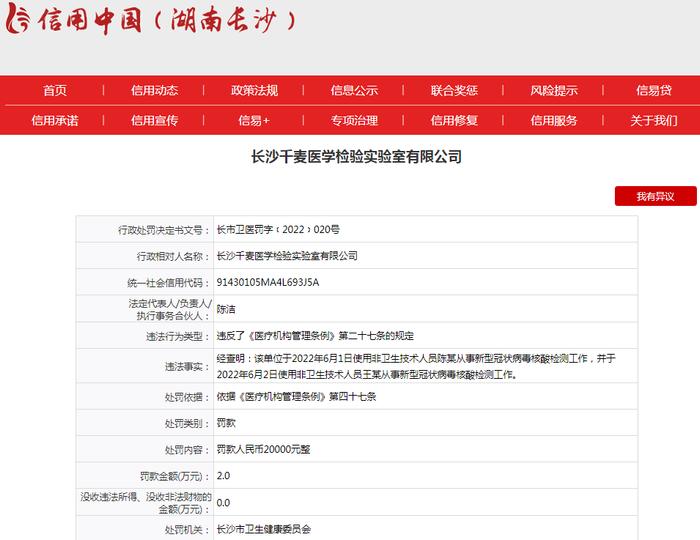 非卫生技术人员从事核酸检测工作 长沙千麦医学检验实验室有限公司被罚2万元