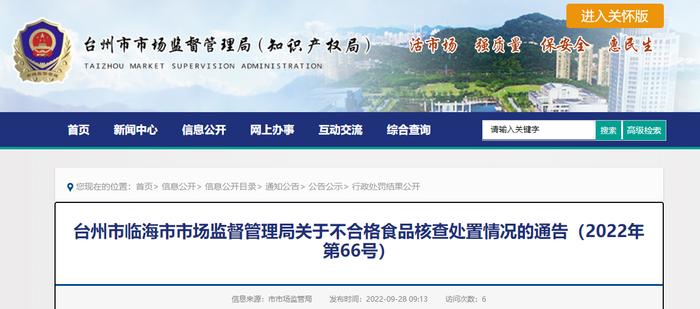 浙江省临海市市场监督管理局通告不合格食品核查处置情况（2022年第66号）