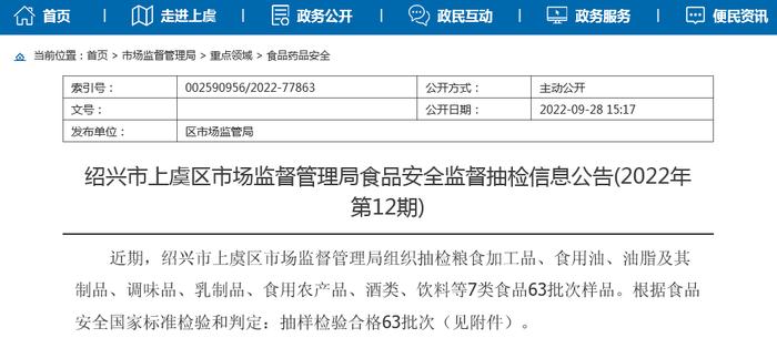 浙江省绍兴市上虞区抽检7类食品63批次样品 全部合格