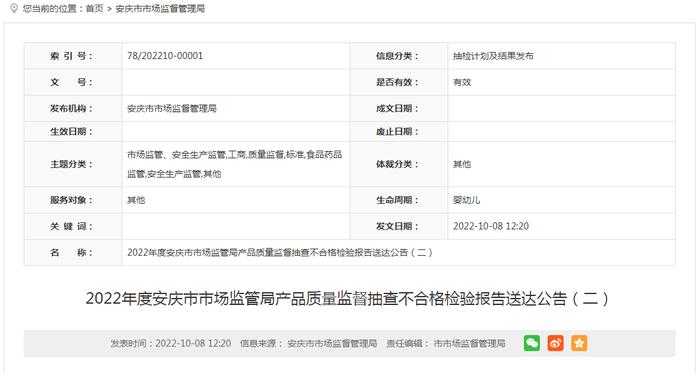 【安徽】2022年度安庆市市场监管局产品质量监督抽查不合格检验报告送达公告