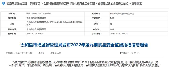 安徽省太和县市场监管局发布2022年第九期食品安全监督抽检信息通告