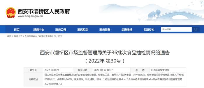 西安市灞桥区市场监管局关于36批次食品抽检情况的通告（2022年第30号）