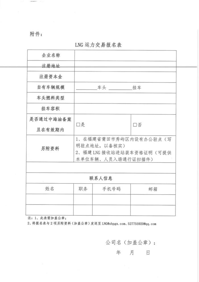 关于福建中闽物流有限公司开展2022年11、12月LNG运力竞价交易公告