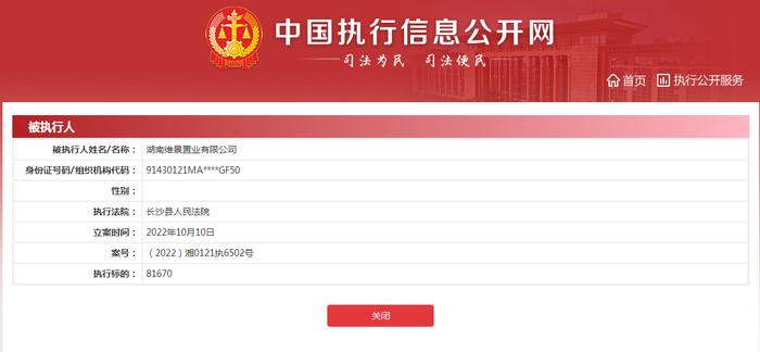 湖南维景置业有限公司新增1条被执行人信息  执行标的8万余元