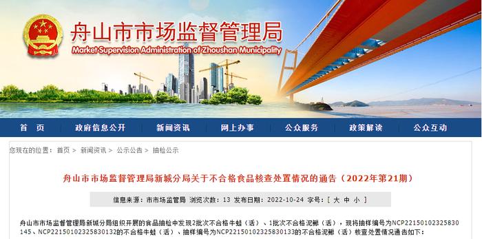 浙江省舟山市市场监督管理局新城分局关于不合格食品核查处置情况的通告（2022年第21期）