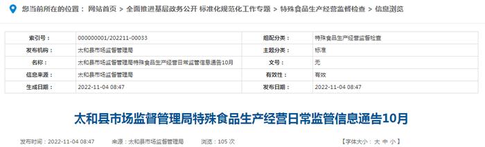 安徽省太和县市场监管局公布10月特殊食品生产经营日常监管信息