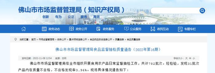 广东省佛山市市场监管局发布食品监督抽检质量通告（2022年第16期）