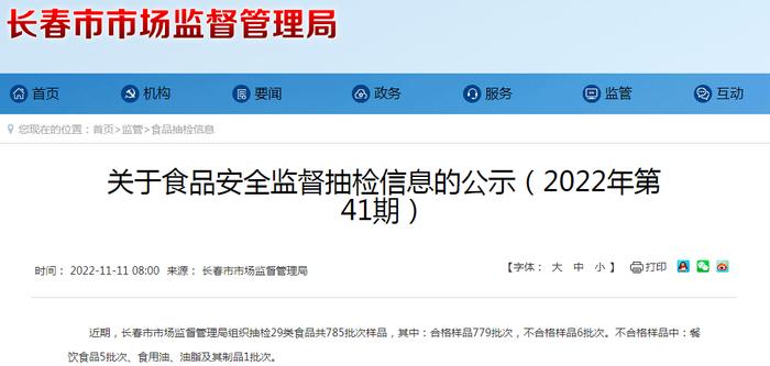 长春市市场监管局抽检食品785批次  不合格6批次