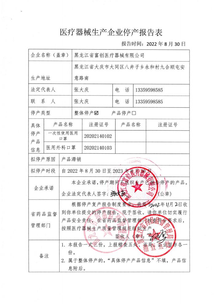 医疗器械生产企业停产报告表（黑龙江省富创医疗器械有限公司）