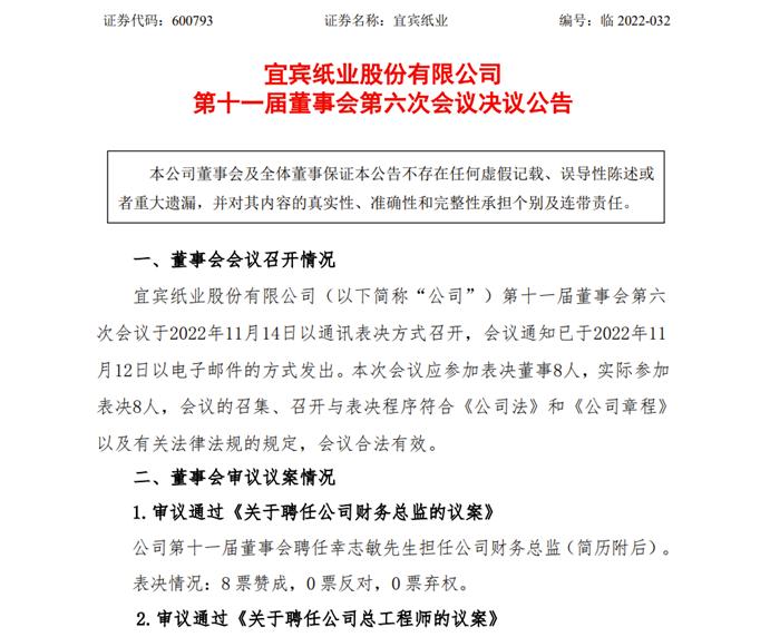 宜宾纸业：聘任幸志敏担任财务总监 谢章红担任总工程师