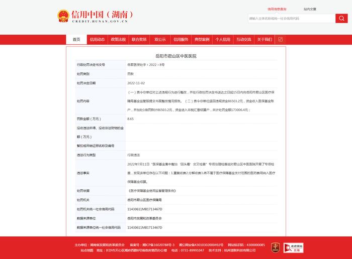 岳阳市君山区中医医院因重复、分解收费等违规行为被罚