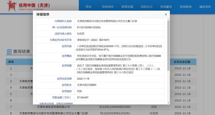 违反《医疗保障基金使用监督管理条例》 天津医药集团马光医疗投资管理有限公司三家门诊部同天被罚