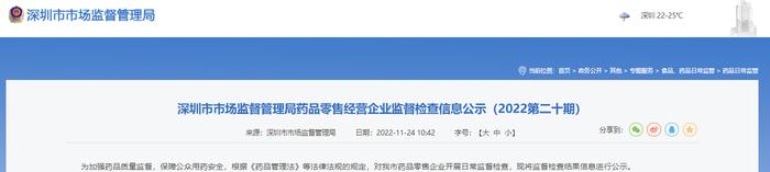 深圳市市场监督管理局药品零售经营企业监督检查信息公示（2022第二十期）