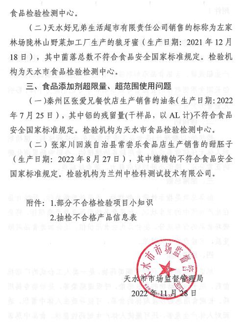 甘肃省天水市市场监督管理局发布7批次食品监督抽检不合格情况