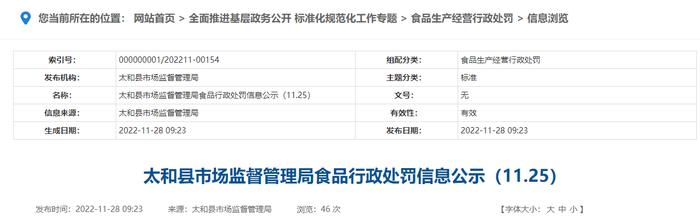 安徽省太和县市场监督管理局食品行政处罚信息公示（11.25）