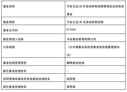 周恩源离任平安元泓30天滚动持有短债