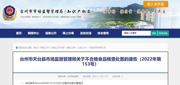 浙江省天台县市场监督管理局通告不合格食品核查处置情况（2022年第153号）