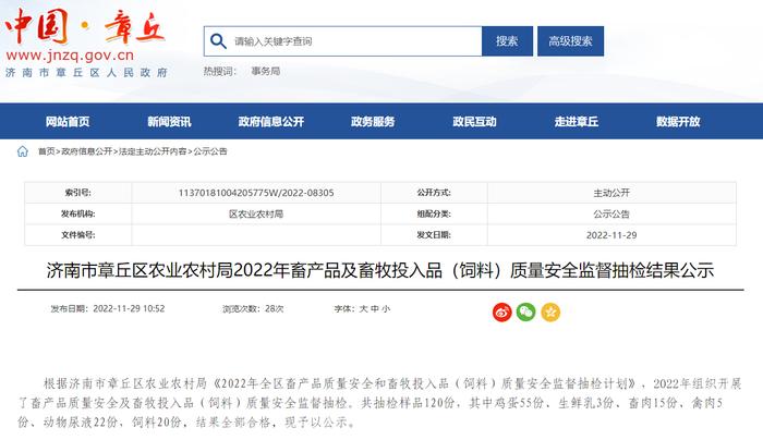 济南市章丘区农业农村局公示2022年畜产品及畜牧投入品（饲料）质量安全监督抽检结果
