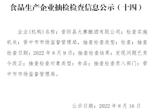 山西省晋中市市场监管局公示昔阳县大寨酿酒有限公司抽检检查信息