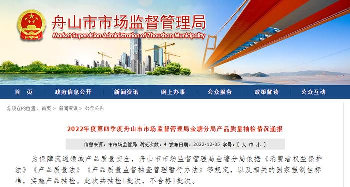 浙江省舟山市市场监督管理局金塘分局通报1批次“红莹调压器”抽检不合格情况