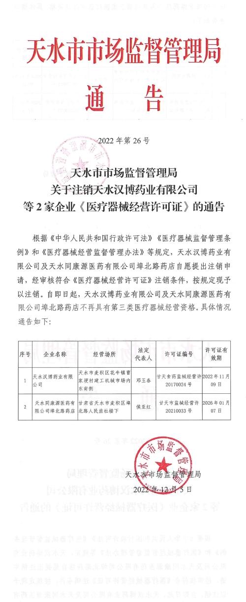 【甘肃】天水市市场监督管理局关于注销天水汉博药业有限公司等2家企业《医疗器械经营许可证》的通告