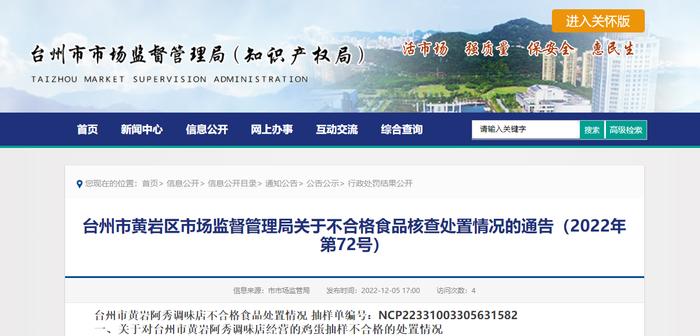 浙江省台州市黄岩区市场监督管理局关于不合格食品核查处置情况的通告（2022年第72号）