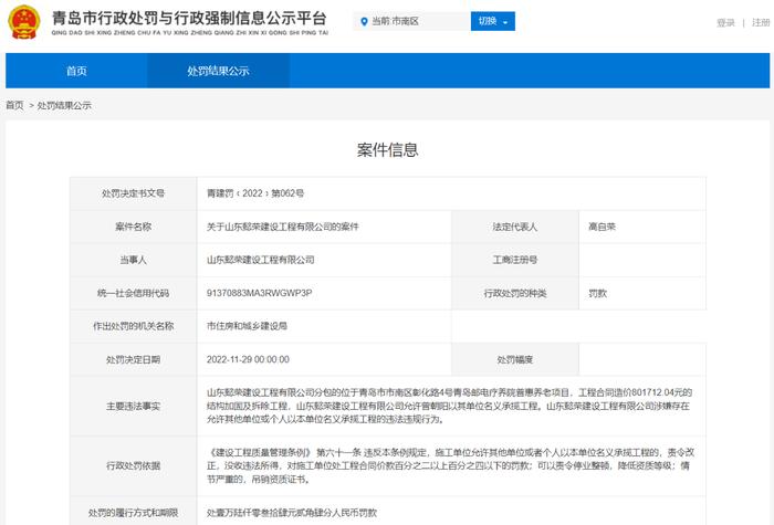 青岛邮电疗养院普惠养老项目两家施工单位违规分包被罚