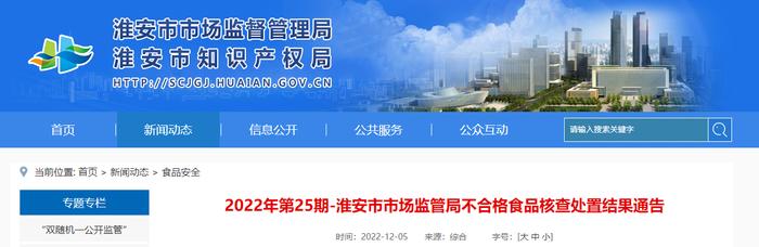 江苏省淮安市市场监督管理局公布不合格食品核查处置结果（2022年第25期）